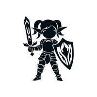 A black silhouette of a knight girl with a totem sword and a beautiful winged shield, she is a young elf in plate armor with long pointed ears and pigtails. white background vector