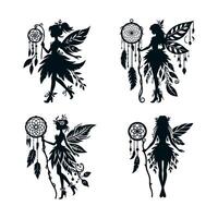 A black silhouette of a fairy girl, she is a forest sorceress with a dreamcatcher staff in a dress made of leaves and shoes with a twisted toe, she has a slender figure. 2d Black Set vector