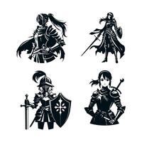 A black silhouette of a knight girl with a totem sword and a beautiful winged shield, she is a young elf in plate armor with long pointed ears and pigtails. Set collection vector