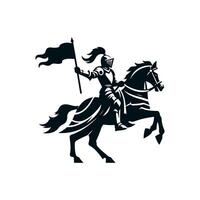 A black silhouette of a knight in a helmet in plate armor riding a horse victoriously waving with one hand and holding a flag fluttering in the wind in the other. 2d Black art vector