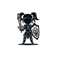 A black silhouette of a knight girl with a totem sword and a beautiful winged shield, she is a young elf in plate armor with long pointed ears and pigtails. white background vector