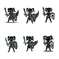 A black silhouette of a knight girl with a totem sword and a beautiful winged shield, she is a young elf in plate armor with long pointed ears and pigtails. white background Set vector