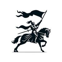 A black silhouette of a knight in a helmet in plate armor riding a horse victoriously waving with one hand and holding a flag fluttering in the wind in the other. 2d Black art vector