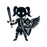 A black silhouette of a knight girl with a totem sword and a beautiful winged shield, she is a young elf in plate armor with long pointed ears and pigtails. white background vector