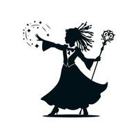 The black silhouette of a magician's girl, she stands with her arm outstretched forming magic and a beautiful staff in the other, her hair is dreadlocks fluttering in the wind. Black 2D vector