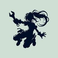 Black silhouette of a mechanic girl , she fearlessly jumps into battle with a wrench in her hands in a dynamic action anime pose . 2d Black vector