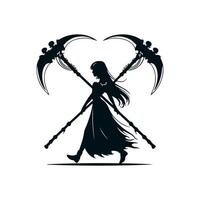 The black silhouette of a long-haired necromancer girl with a double huge scythe with curved blades and skeletons on the handle, she gracefully walks forward. 2d Black art, vector