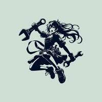 Black silhouette of a mechanic girl , she fearlessly jumps into battle with a wrench in her hands in a dynamic action anime pose . 2d Black vector