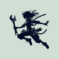 Black silhouette of a mechanic girl , she fearlessly jumps into battle with a wrench in her hands in a dynamic action anime pose . 2d Black vector