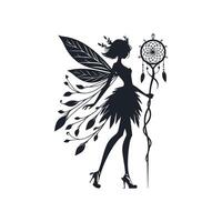 A black silhouette of a fairy girl, she is a forest sorceress with a dreamcatcher staff in a dress made of leaves and shoes with a twisted toe, she has a slender figure. 2d Black vector