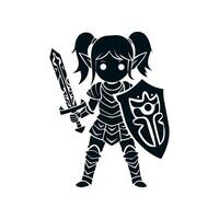 A black silhouette of a knight girl with a totem sword and a beautiful winged shield, she is a young elf in plate armor with long pointed ears and pigtails. white background vector