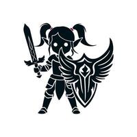 A black silhouette of a knight girl with a totem sword and a beautiful winged shield, she is a young elf in plate armor with long pointed ears and pigtails. white background vector