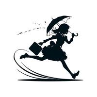 A black silhouette with a cheerful girl in a fluffy dress with a briefcase and an umbrella, she runs as if hovering with unprecedented ease in a dynamic pose. 2d Black vector