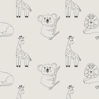 Safari animals pattern, summer kids print. Cute lineart. Giraffe, lion, koala. vector