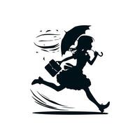 A black silhouette with a cheerful girl in a fluffy dress with a briefcase and an umbrella, she runs as if hovering with unprecedented ease in a dynamic pose. 2d Black vector