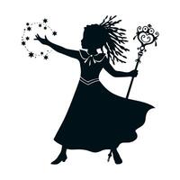 The black silhouette of a magician's girl, she stands with her arm outstretched forming magic and a beautiful staff in the other, her hair is dreadlocks fluttering in the wind. Black 2D vector