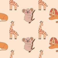 Safari animals pattern, summer kids print. Cute african animals. Giraffe, lion, koala. vector