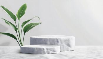 White stone product display podium with nature leaves background photo