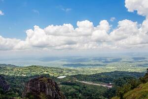 The view from the top of the hill with a stretch of blue sky and a bunch of white clouds. photo