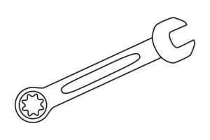 Hand drawn cute outline illustration of ratcheting wrench or spanner instrument. Flat repair tool in line art doodle style. Support service hardware icon. Settings or fix problem. Isolated. vector