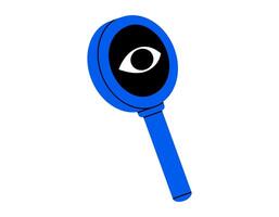 Hand drawn cute cartoon illustration magnifying glass with eye. Flat searching optical tool sticker in doodle style. Discover or explore icon. Searching for opportunity. Data analysis. Isolated vector