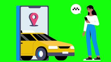 femme attendre pour fait du mobile application Taxi commande sur écran vert Contexte 2d dessin animé animation video