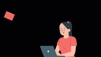 el negocio mujer trabajando en el oficina envía el proyecto como un mensaje por correo electrónico en alfa canal 2d dibujos animados animación video