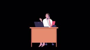 femme travail dans appel centre parlant à client sur téléphone sur alpha canal 2d dessin animé animation video
