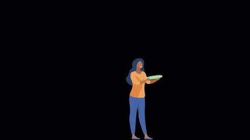 Woman Shopping In The Market Looks At The Cucumber In Her Hand On Alpha Channel 2D Cartoon Animation video