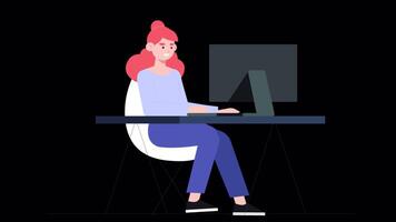 Woman With Orange Hair Working In The Office Doing Work On The Project On The Working Computer On Alpha Channel 2D Cartoon Animation video