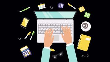 Office Worker Typing On Laptop At Desk On Alpha Channel 2D Cartoon Animation video