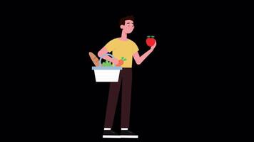 homme achats à le marché détient une épicerie sac dans le sien main et un Pomme dans le sien autre main sur alpha canal 2d dessin animé animation video