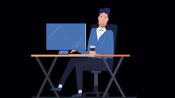 ocupado escritório trabalhador beber café e digitando em teclado em alfa canal 2d desenho animado animação video