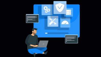programador homem escreve programa para proteger computador portátil a partir de vírus. lá é uma computador tela dentro a fundo. em alfa canal 2d desenho animado animação video