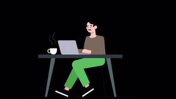 A Mustachioed Male Employee Working In The Office Is Working On A Project On His Laptop. He Is Wearing A Brown Shirt And Green Pants. He Moves His Hands On His Laptop On Alpha Channel 2D Cartoon video