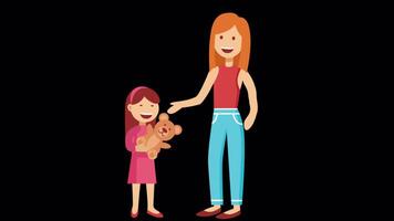 Little Girl Buying A Teddy Bear From A Toy Store With Her Mother On Alpha Channel 2D Cartoon Animation video