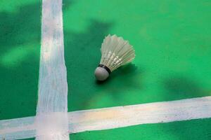 Badminton shuttlecock is on green field with white stripe. photo