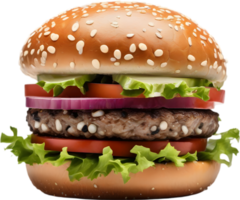 Homemade burger delight, juicy patty with garden-fresh vegetables isolated. AI-Generated. png