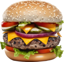 Homemade burger delight, juicy patty with garden-fresh vegetables isolated. AI-Generated. png