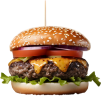 Homemade burger delight, juicy patty with garden-fresh vegetables isolated. AI-Generated. png