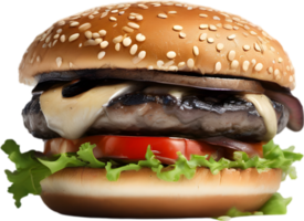 Homemade burger delight, juicy patty with garden-fresh vegetables isolated. AI-Generated. png