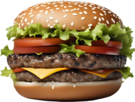 Homemade burger delight, juicy patty with garden-fresh vegetables isolated. AI-Generated. png