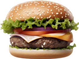 Homemade burger delight, juicy patty with garden-fresh vegetables isolated. AI-Generated. png