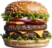 Homemade burger delight, juicy patty with garden-fresh vegetables isolated. AI-Generated. png