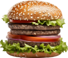 Homemade burger delight, juicy patty with garden-fresh vegetables isolated. AI-Generated. png