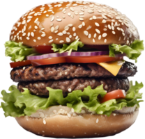 Homemade burger delight, juicy patty with garden-fresh vegetables isolated. AI-Generated. png
