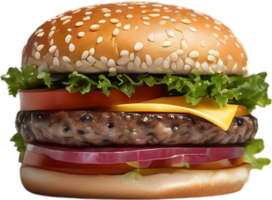 Homemade burger delight, juicy patty with garden-fresh vegetables isolated. AI-Generated. png