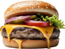 Homemade burger delight, juicy patty with garden-fresh vegetables isolated. AI-Generated. png