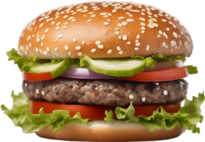 Homemade burger delight, juicy patty with garden-fresh vegetables isolated. AI-Generated. png