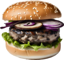 Homemade burger delight, juicy patty with garden-fresh vegetables isolated. AI-Generated. png